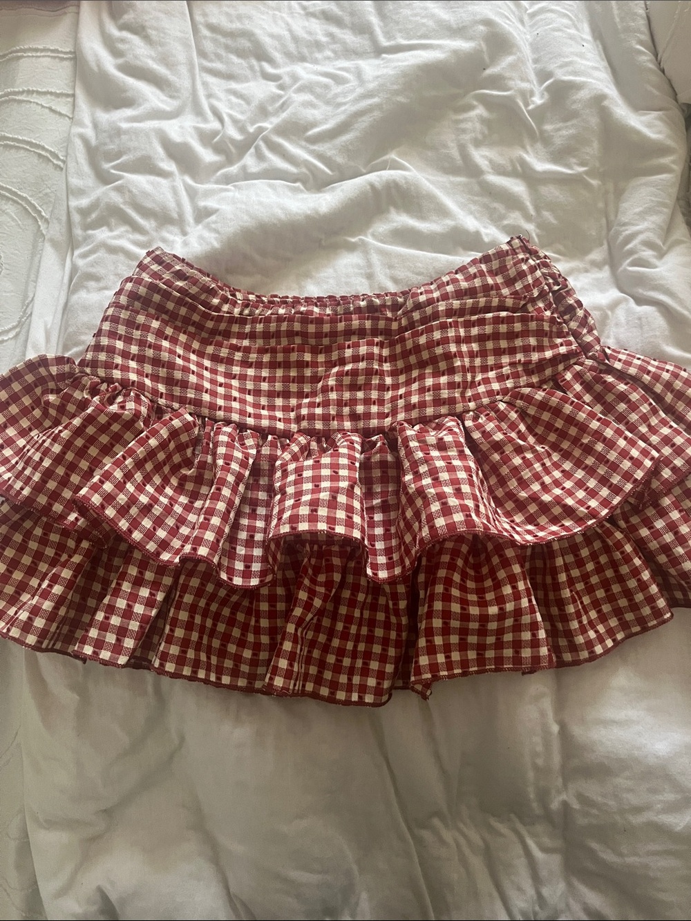 SHEIN Red and White Gingham Ruffle Mini Skirt